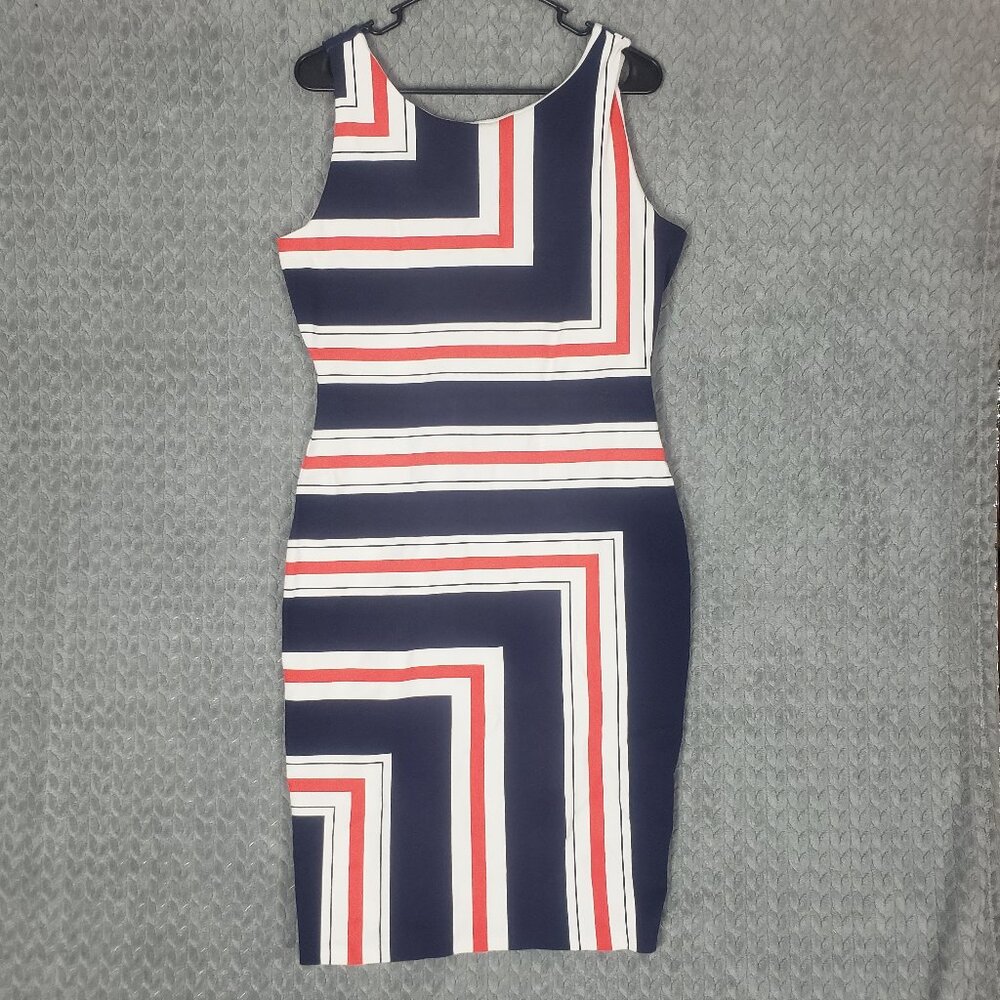 Daniel Cremieux Dress L Red White Navy Blue Sheath Body Con - see description